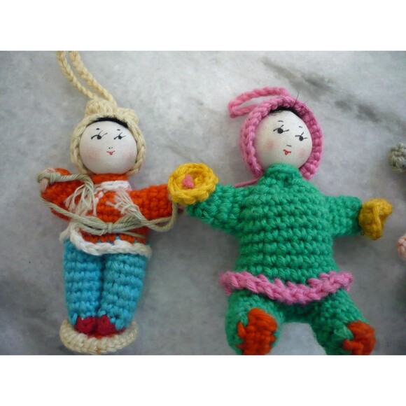 Amigurumi Miniature 2" Doll Japanese Crochet Knitted Vintage Set of 6 Silk Faces - Picture 2 of 6